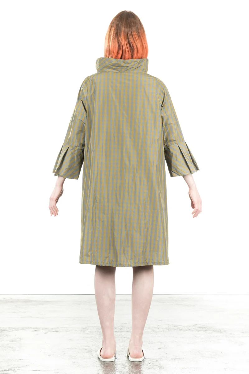 Katharina Hovman Damen Taft Kleid A-Linie ausgestellter Kragen karo olive