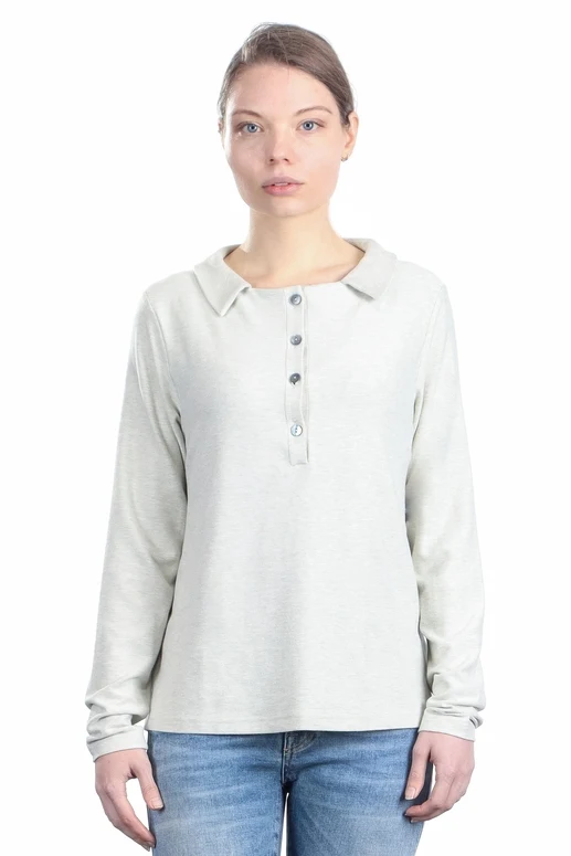 The Swiss Label Damen Langarm Shirt mit Polokragen wollweiß