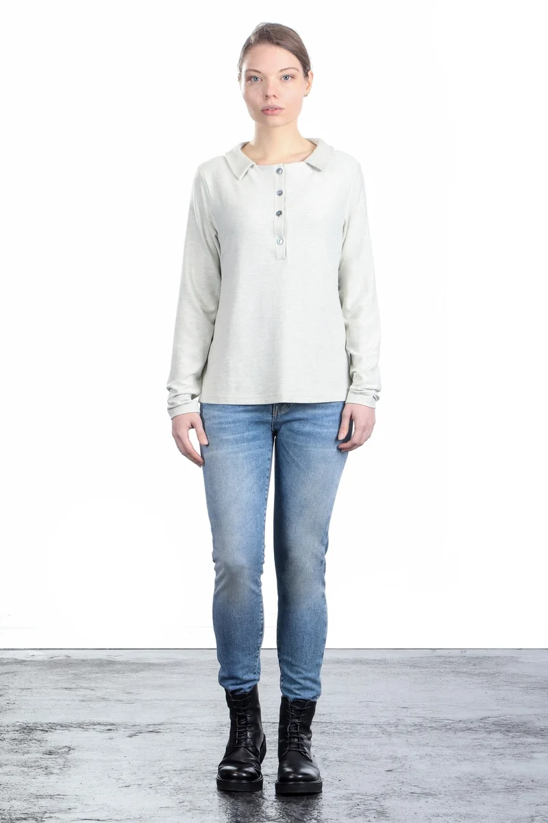 The Swiss Label Damen Langarm Shirt mit Polokragen wollweiß