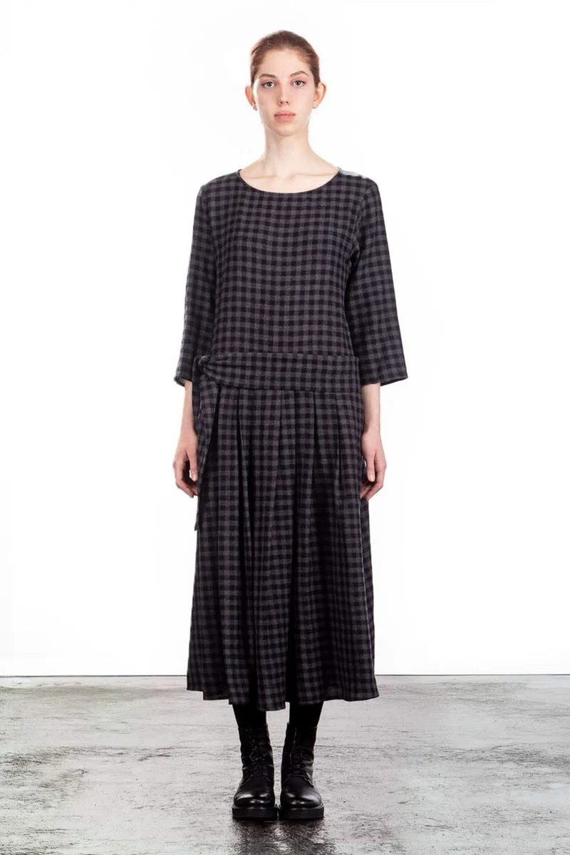 Apuntob Damen Avantgarde Wollkleid Karomuster schwarz grau