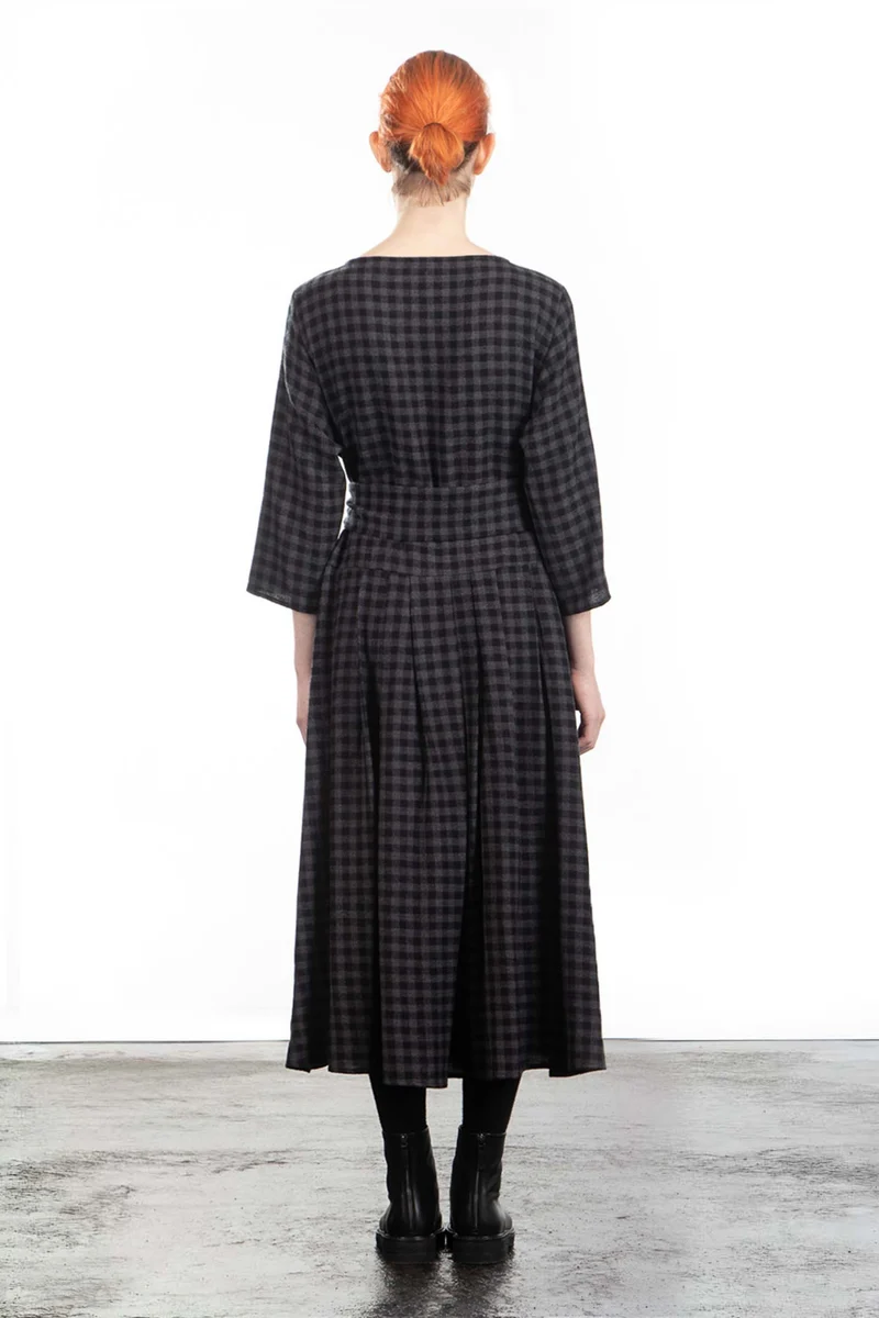 Apuntob Damen Avantgarde Wollkleid Karomuster schwarz grau