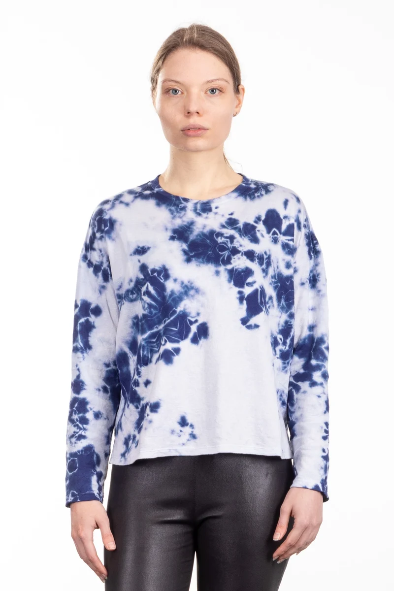 Suzusan Damen Langarmshirt mit Batikmuster blau weiß
