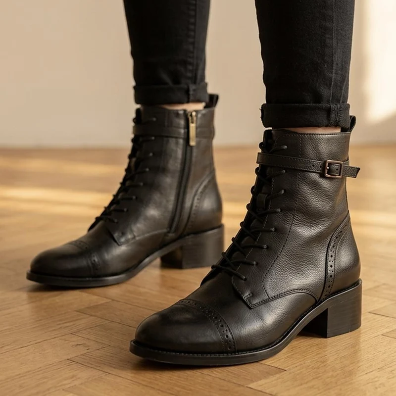 Madie Wide Fit Heeled Leather Ankle Boots - MADIEWIDE / 329 774 - Black Leather