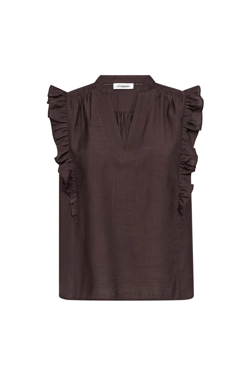 Co´Couture - Heracc Frill Ss V-Top 45165 - 145 - Dark Brown