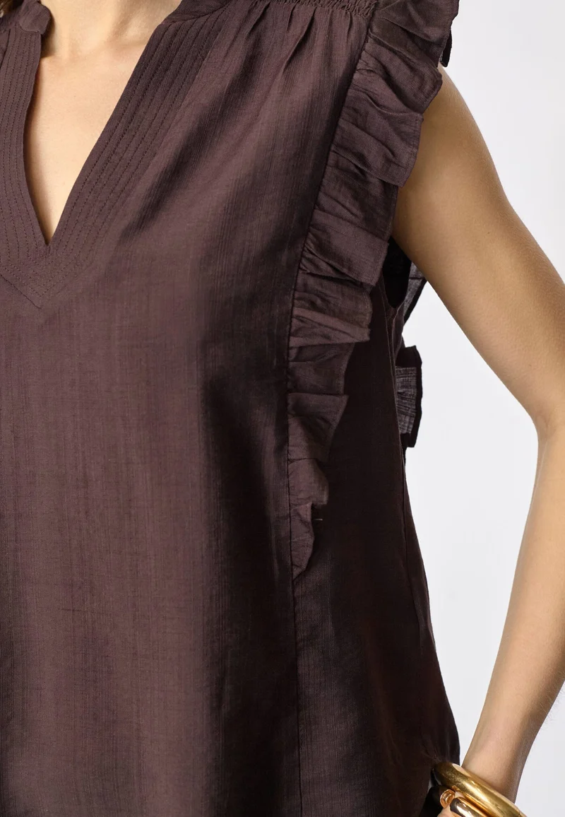 Co´Couture - Heracc Frill Ss V-Top 45165 - 145 - Dark Brown