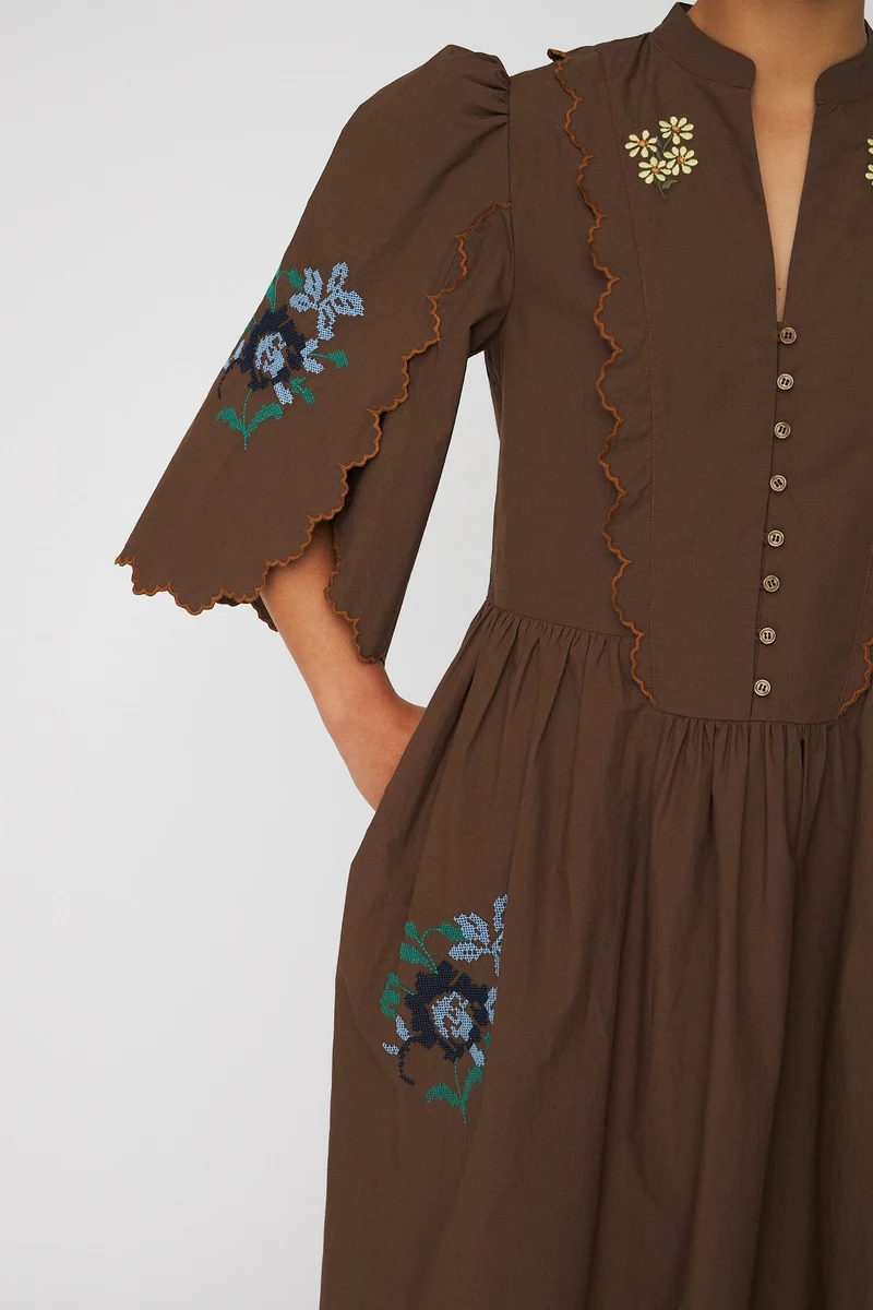 Stella Nova - Embroidered Loose Midi Dresses62-4485 - 869 Brown