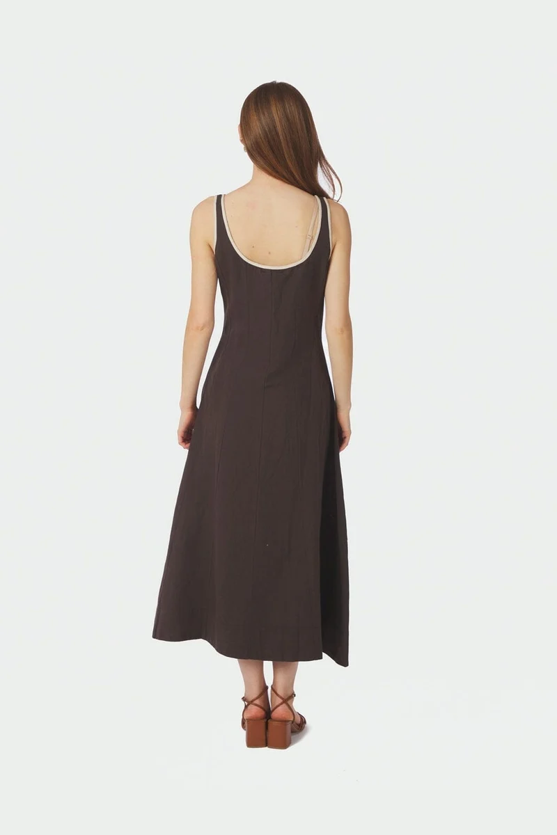 Neo Noir - Safinan Linen Contrast Dress 168961 - 676 - Dark Brown