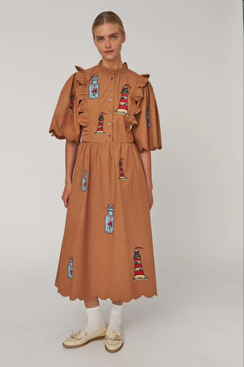 Stella Nova - Embroidered Midi Dress With Scallopseb61-4430 - 869 Brown
