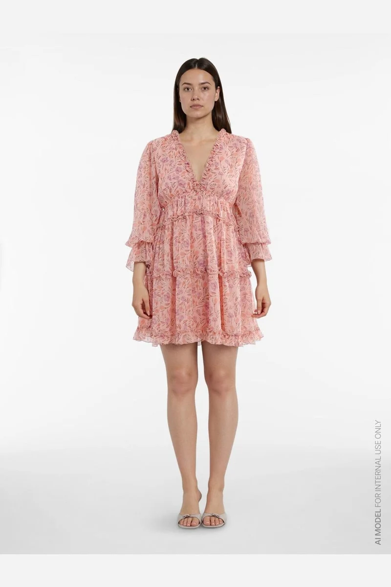 Vila - Vijasmine L/S V-Neck Short Dress/Dc/Ka - 4995198 Sea Pink Rose Flowers
