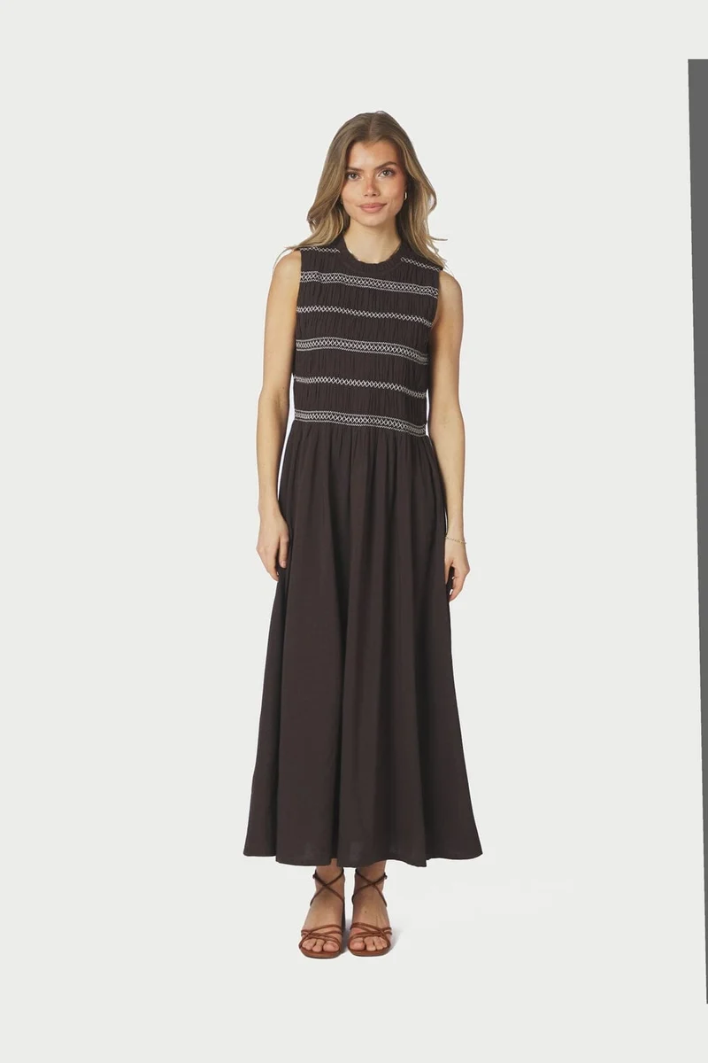Neo Noir - Atika Deco Smock Dress 166105 - 676 - Dark Brown