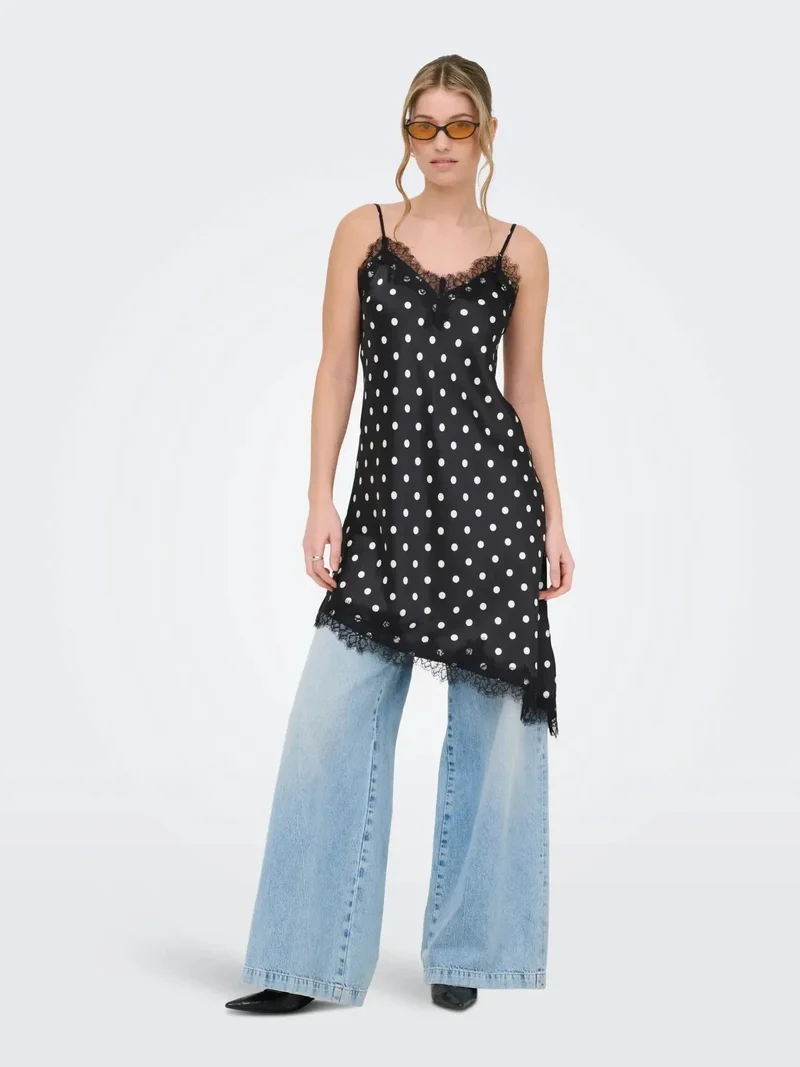 Only - Onlbella Strap Satin Lace Dress - 5126133 Black White Dot And Black Lace