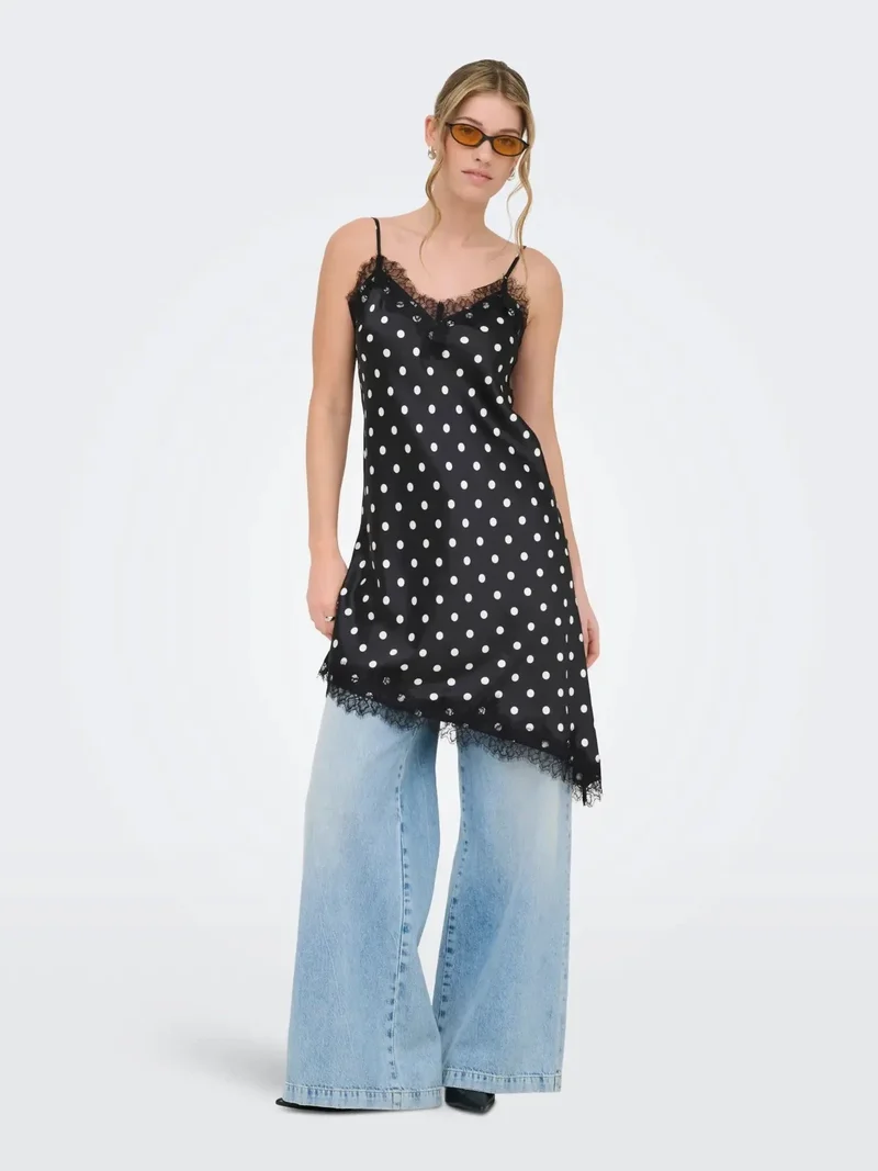 Only - Onlbella Strap Satin Lace Dress - 5126133 Black White Dot And Black Lace
