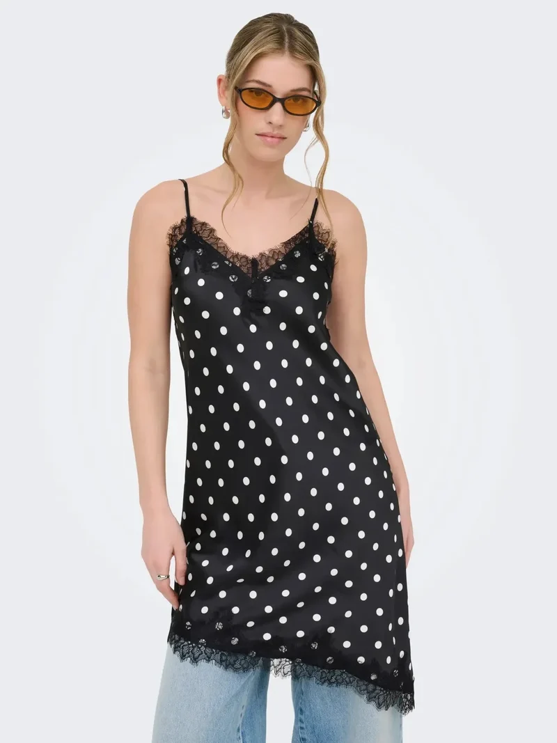 Only - Onlbella Strap Satin Lace Dress - 5126133 Black White Dot And Black Lace