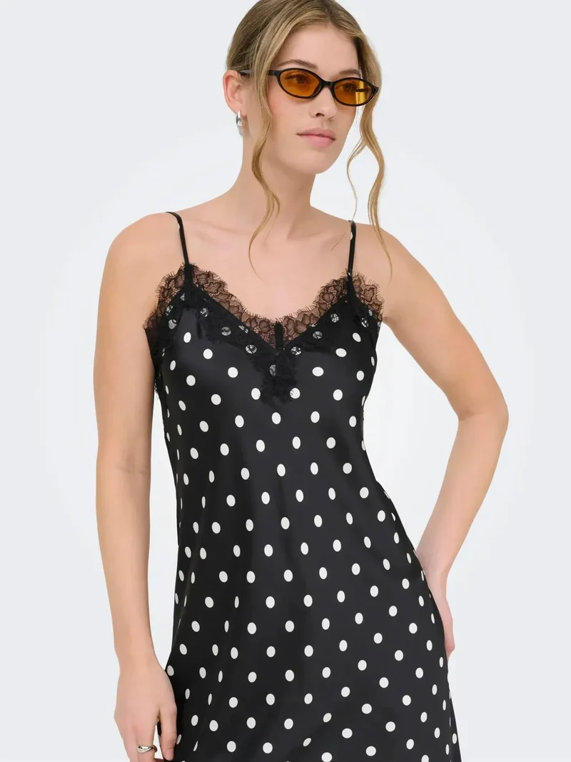Only - Onlbella Strap Satin Lace Dress - 5126133 Black White Dot And Black Lace