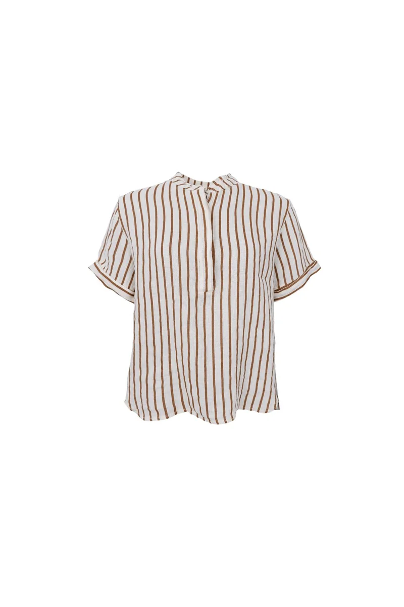 Black Colour - Bcmelina Ss Linen Shirt 41104 - Camel Stripe