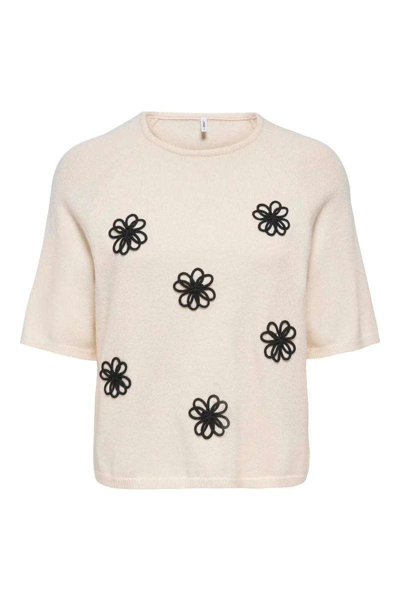 Only - Onlkatia Ss O-Neck Detail Knt - 5069008 Whitecap Gray Black Flowers