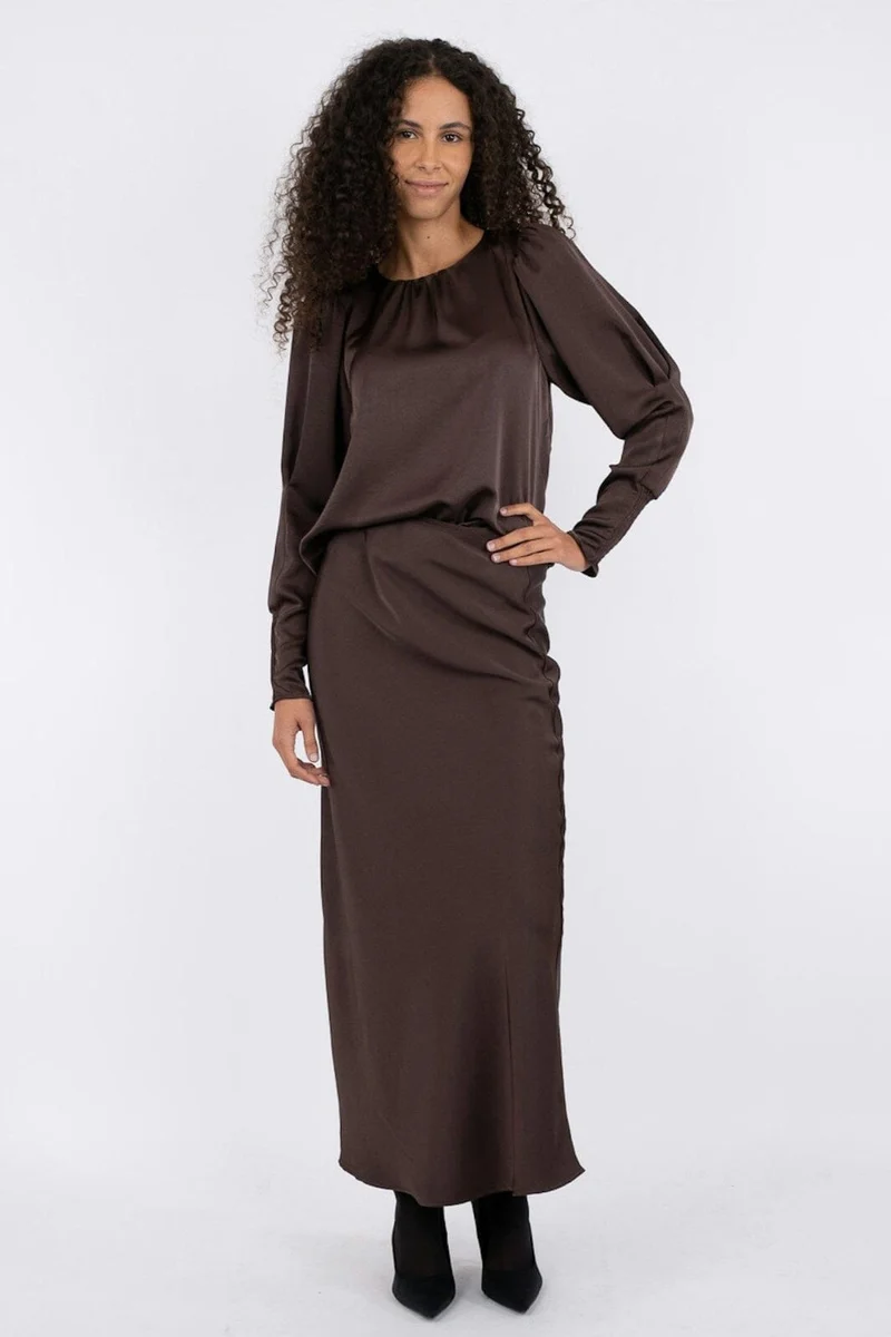 Neo Noir - Vicky Heavy Sateen Skirt 159588 - Dark Brown