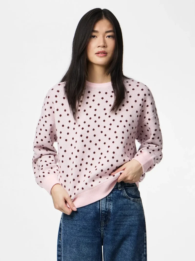 Pieces - Pcnancy Ls O-Neck Dot Knit - 5098308 Roseate Spoonbill Winetasting Dots