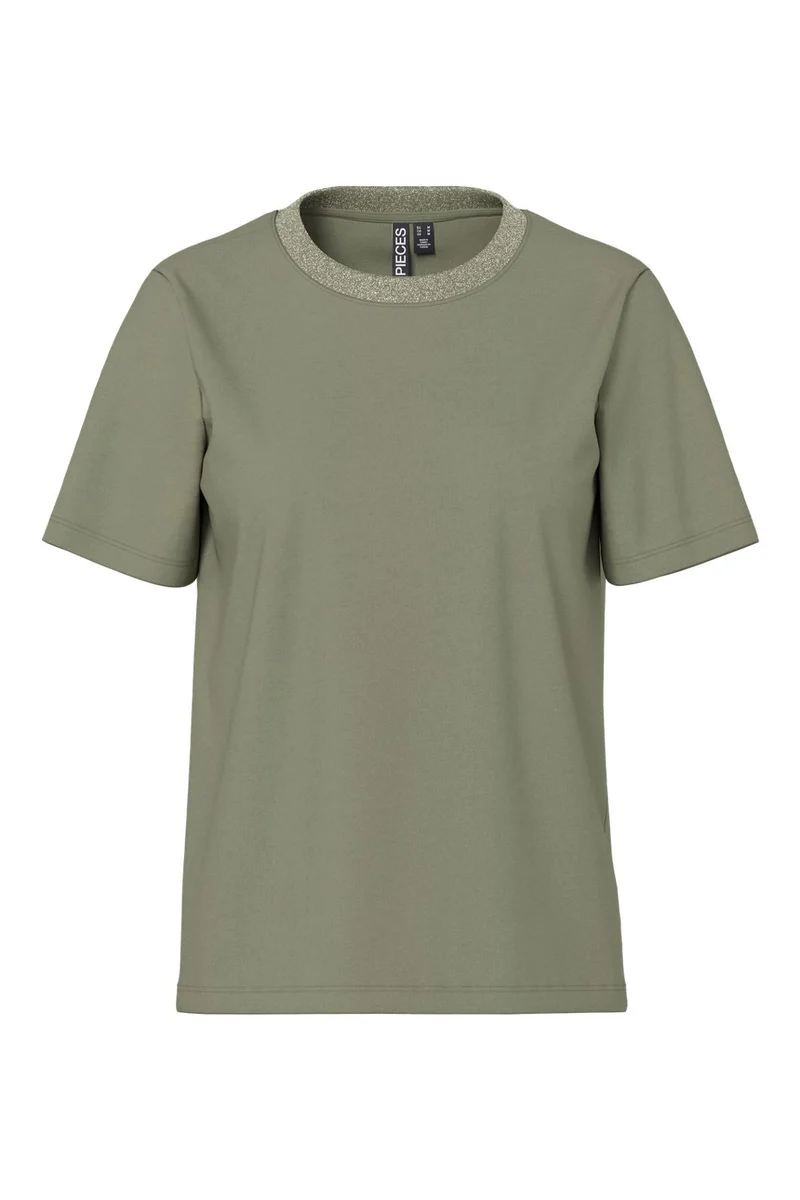 Pieces - Pcria Ss Lurex Neck Tee - 4991579 Deep Lichen Green Lurex Rib