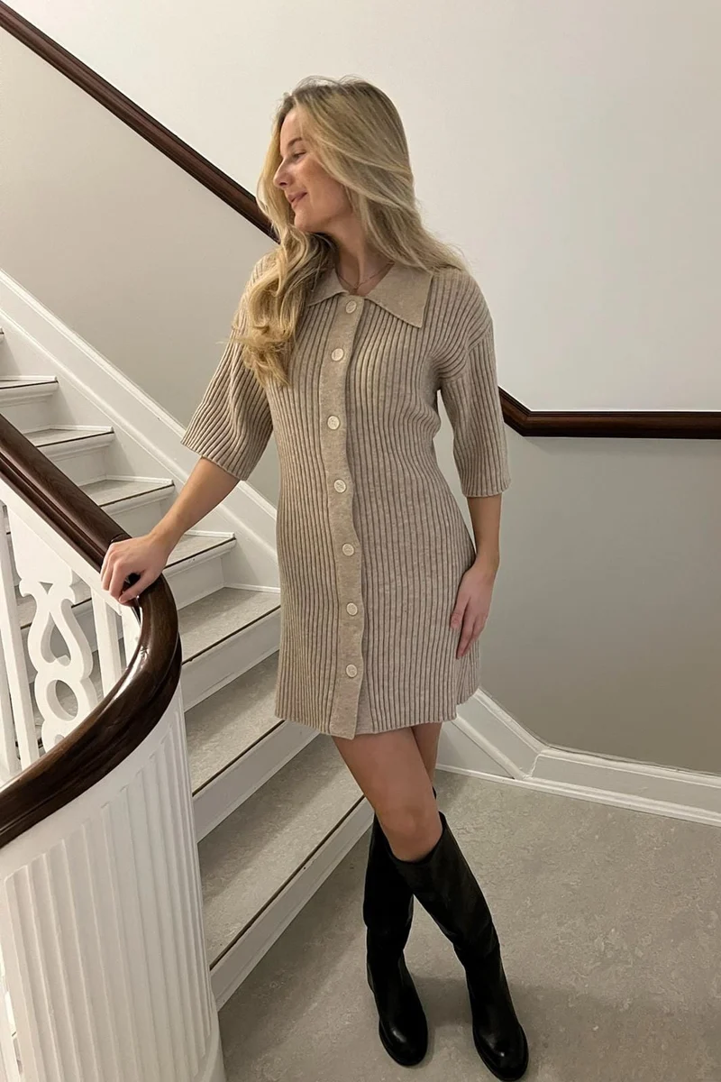 BYIC - Oliviaic Knit Dress 1199 - Ribbed Beige