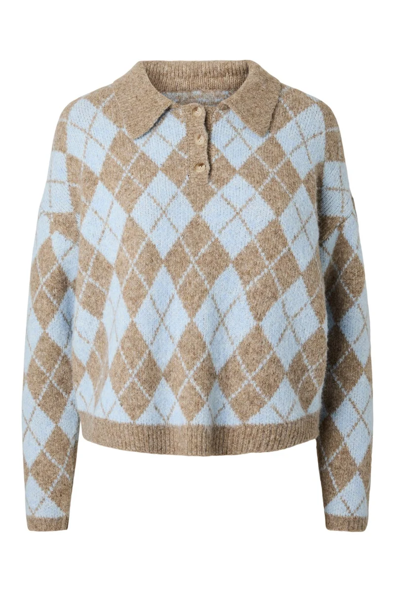YAS - Yaschelli Ls Polo Knit Pullover - 5127097 Fungi W. Skyway Checks