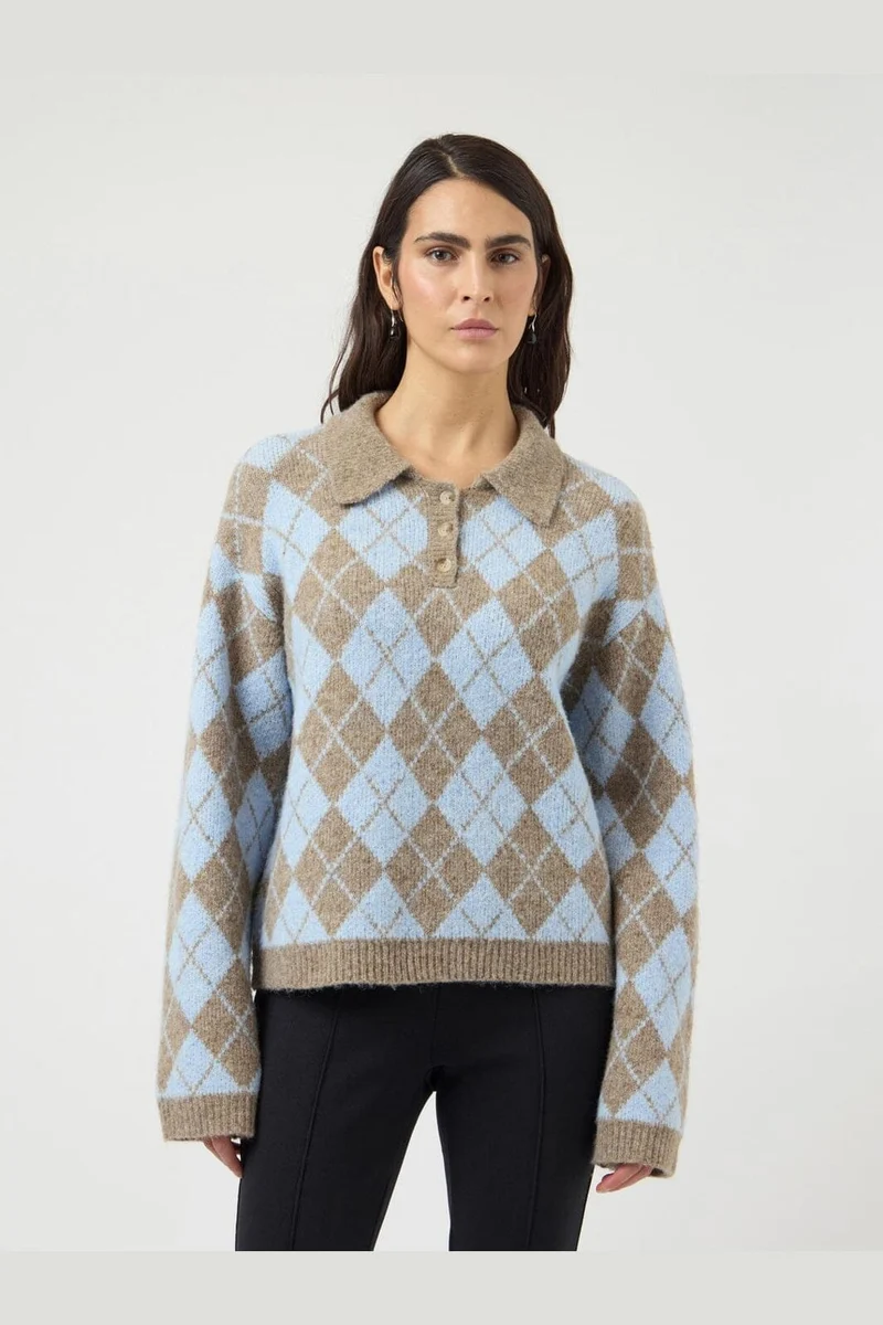 YAS - Yaschelli Ls Polo Knit Pullover - 5127097 Fungi W. Skyway Checks