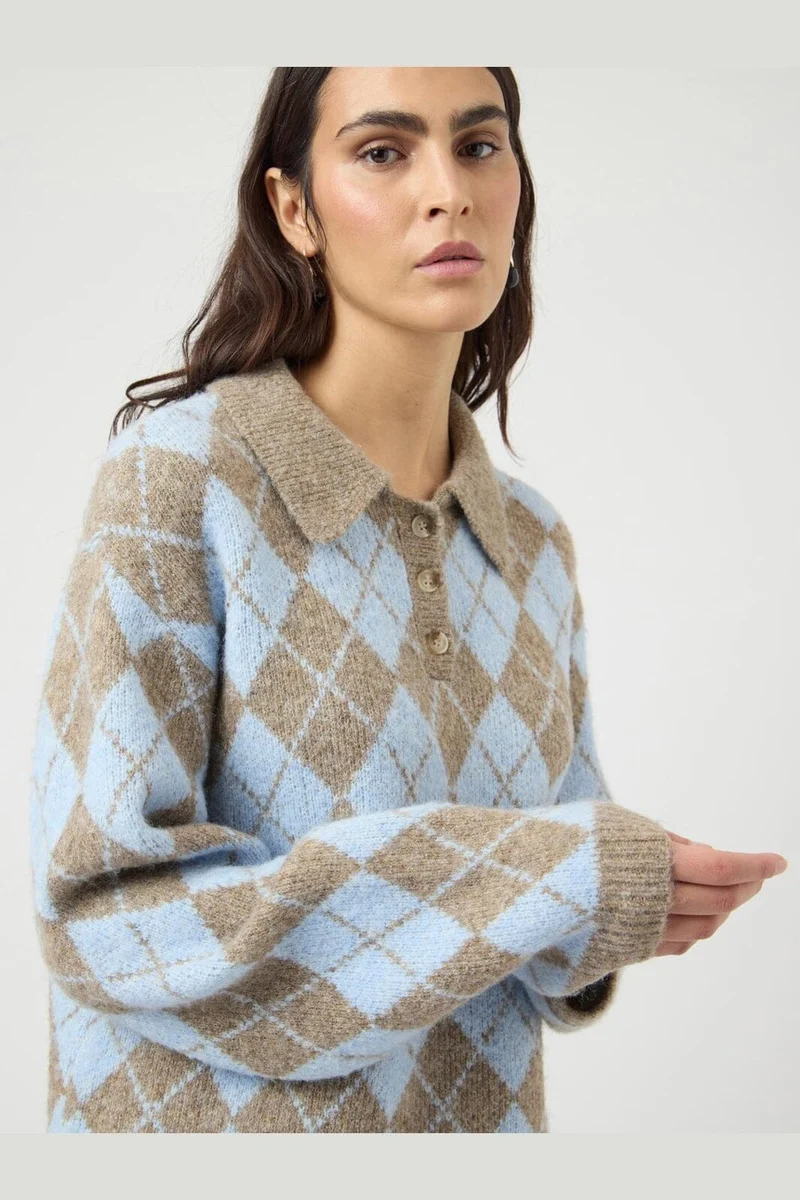 YAS - Yaschelli Ls Polo Knit Pullover - 5127097 Fungi W. Skyway Checks