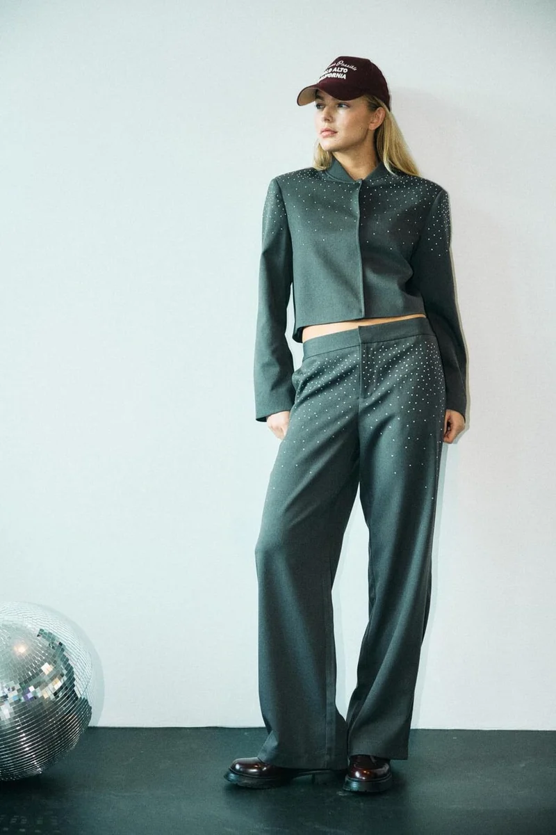 Noisy May - Nmellie Rhinestone Pants Fwd - 4847915 Dark Grey Melange