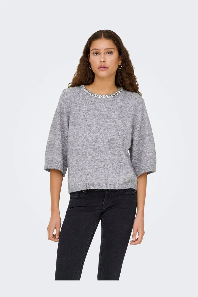 JDY - Jdyalva Life 3/4 Embellish Pull Knt - 4957225 Medium Grey Melange W. Silver Embellishment
