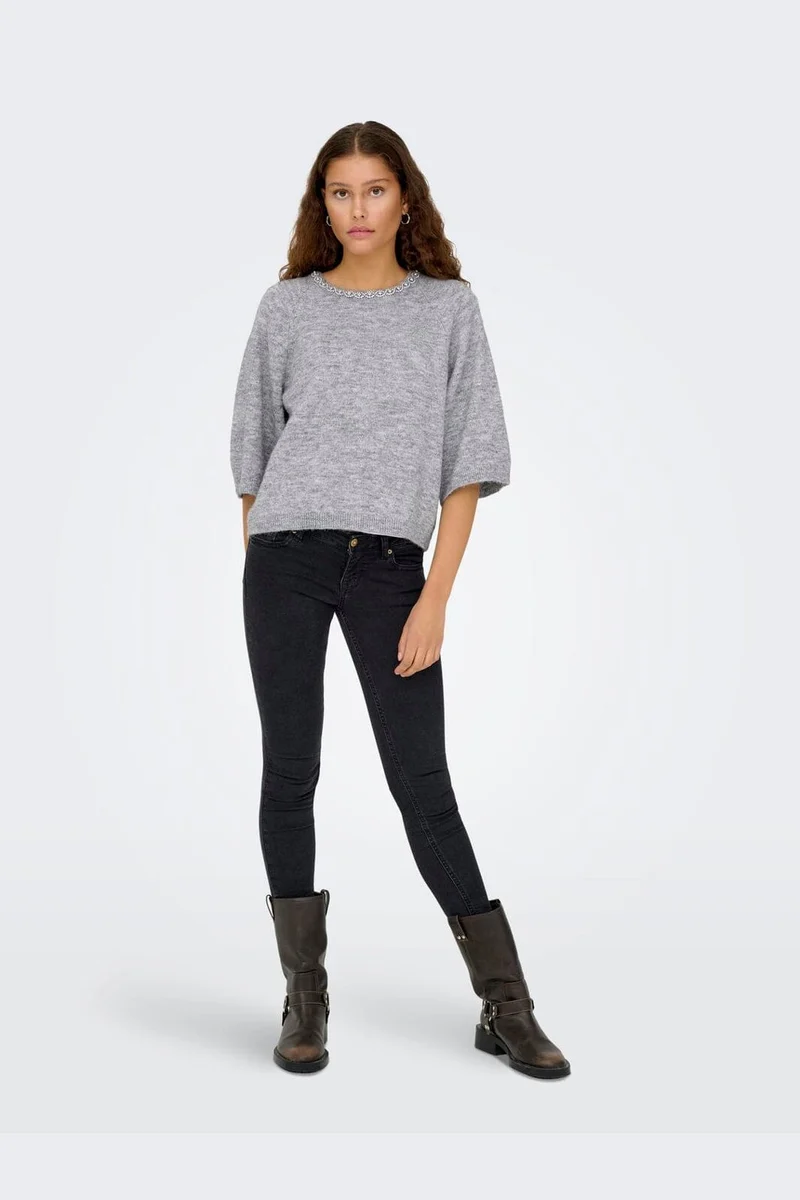 JDY - Jdyalva Life 3/4 Embellish Pull Knt - 4957225 Medium Grey Melange W. Silver Embellishment