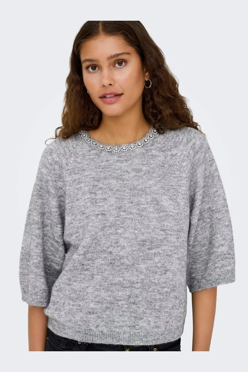 JDY - Jdyalva Life 3/4 Embellish Pull Knt - 4957225 Medium Grey Melange W. Silver Embellishment