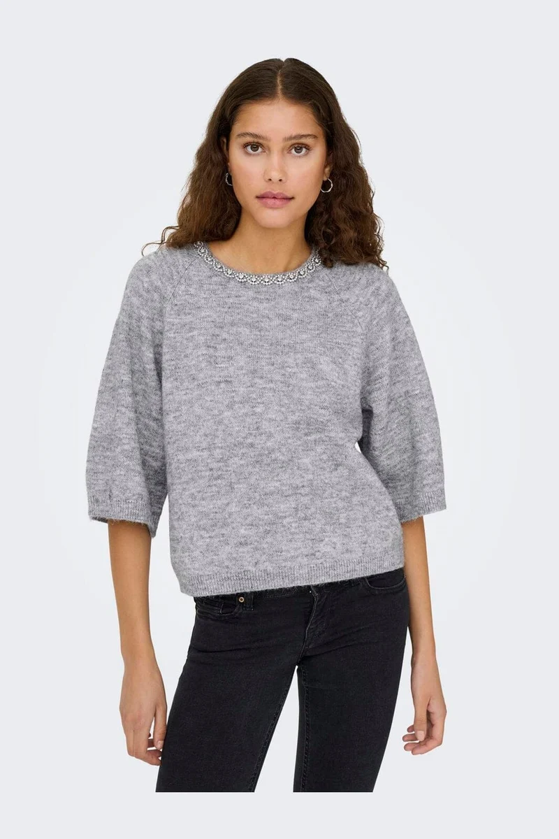 JDY - Jdyalva Life 3/4 Embellish Pull Knt - 4957225 Medium Grey Melange W. Silver Embellishment