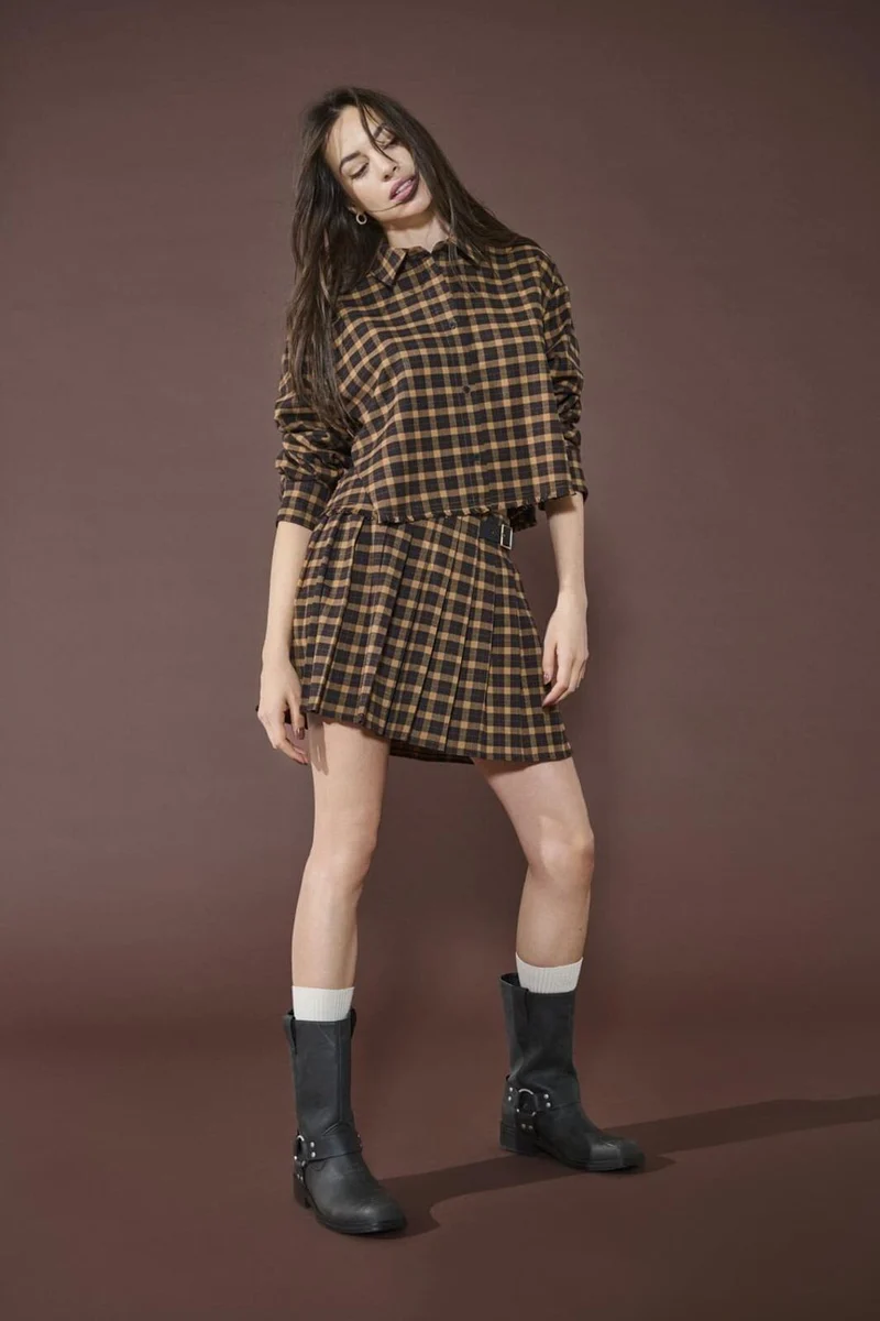 Only - Onlcat Life Plisse Check Skirt - 4859333 Chipmunk Black Coffee