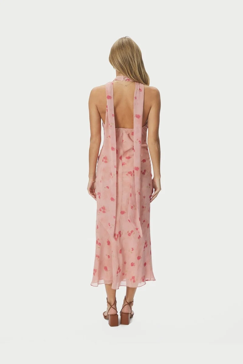Neo Noir - Fiona Blurred Flower Halter Neck Dress 167918 - 754 - Light Pink
