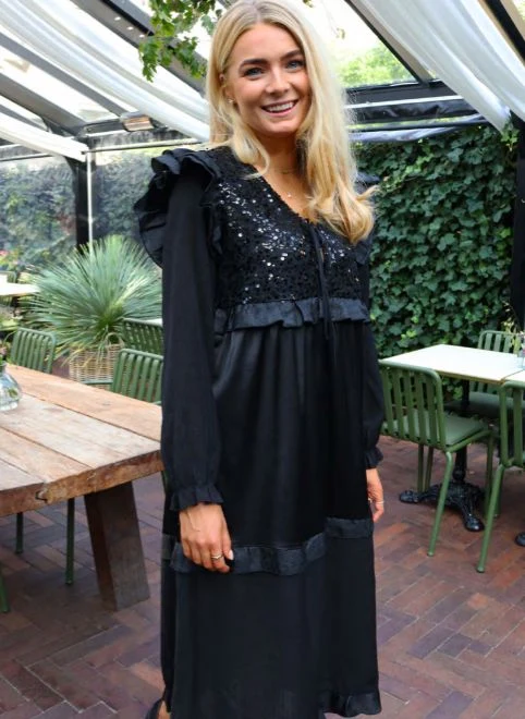 Liberte - Nor Ls Frill Dress 22266 - Black Sequins