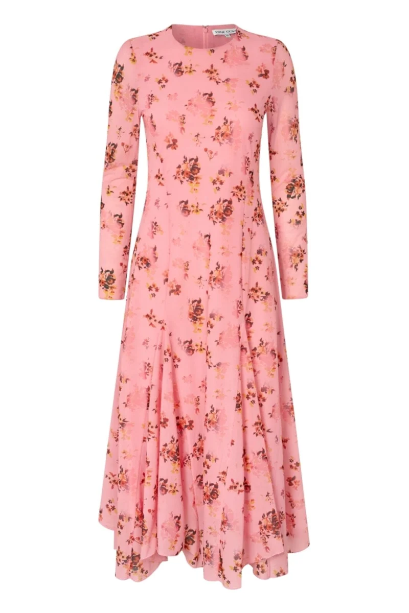 Stine Goya - 2408 Sheer Ruffling Jersey, Long Sleeve Ruffling Midi Dresssg-aw25-d161-2408 - Pink Magnolias