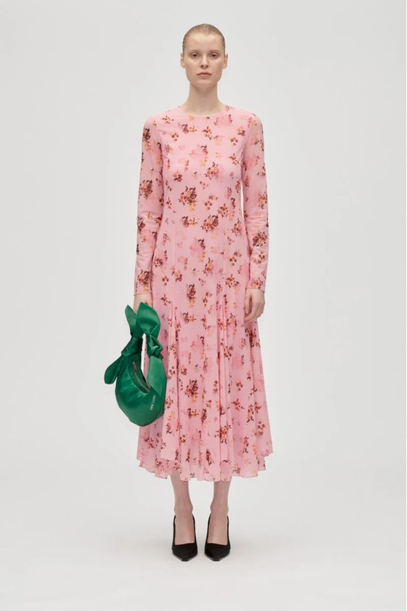 Stine Goya - 2408 Sheer Ruffling Jersey, Long Sleeve Ruffling Midi Dresssg-aw25-d161-2408 - Pink Magnolias