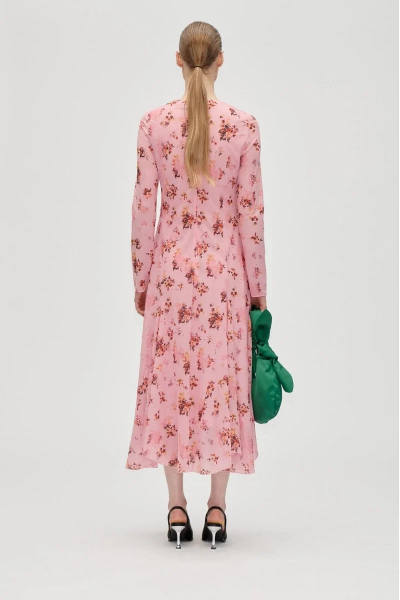 Stine Goya - 2408 Sheer Ruffling Jersey, Long Sleeve Ruffling Midi Dresssg-aw25-d161-2408 - Pink Magnolias