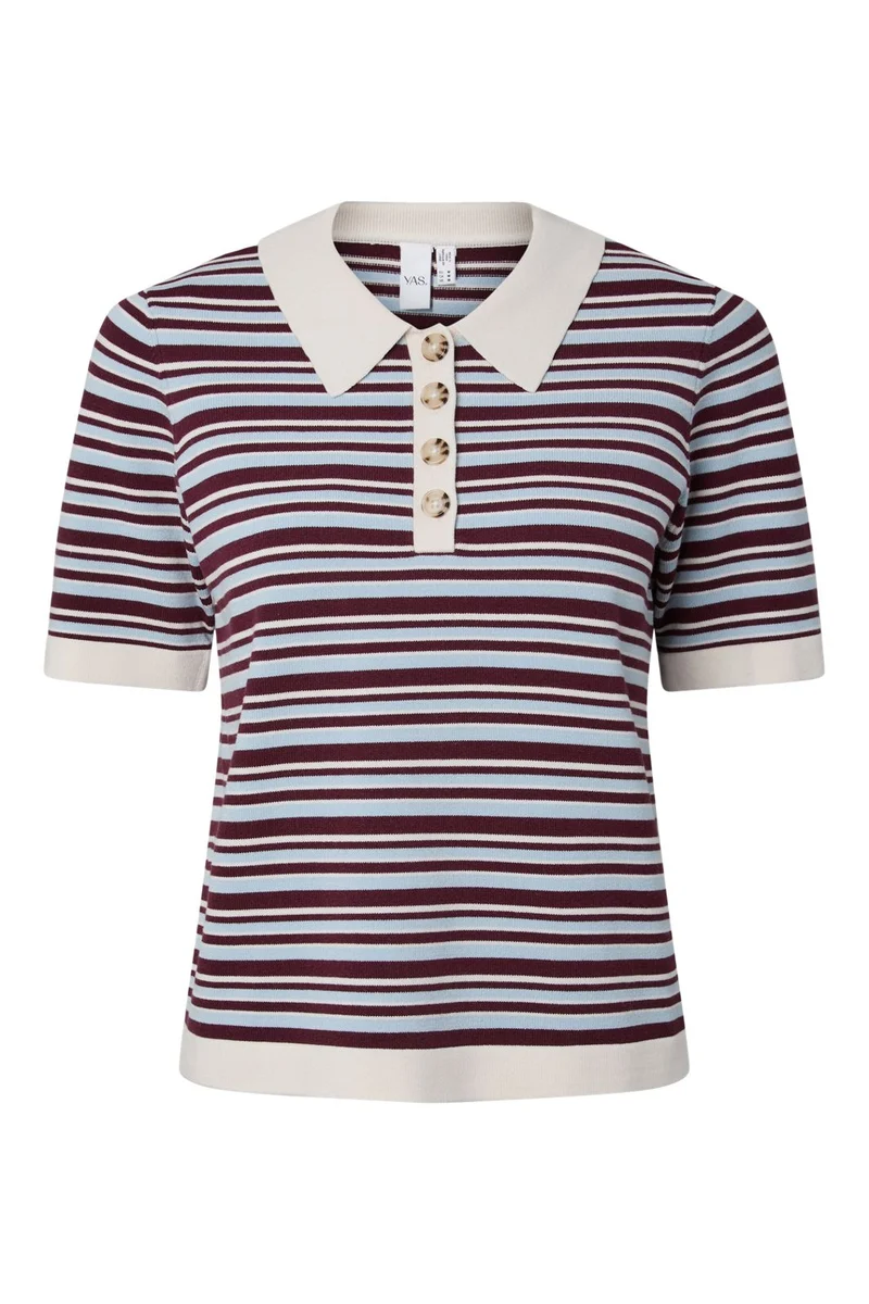 YAS - Yasbelle Ss Polo Knit Pullover - 5115833 Birch Burgundy/Blue Stripe
