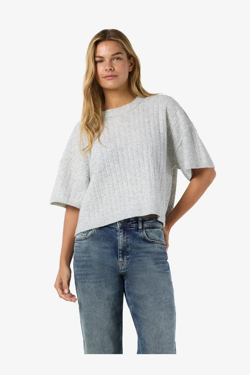Noisy May - Nmsmilla S/S Cable Knit Top - 4923869 Light Grey Melange