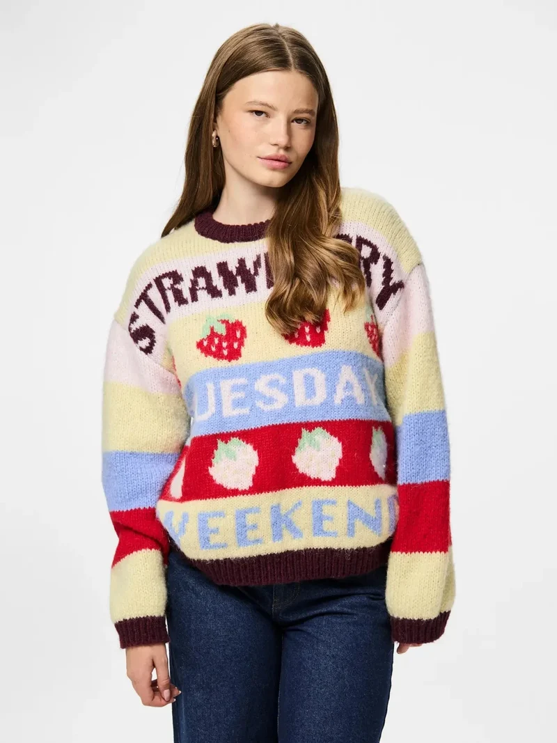 Pieces - Pcbikka Ls O-Neck Knit - 4949295 French Vanilla Multicolor Statements