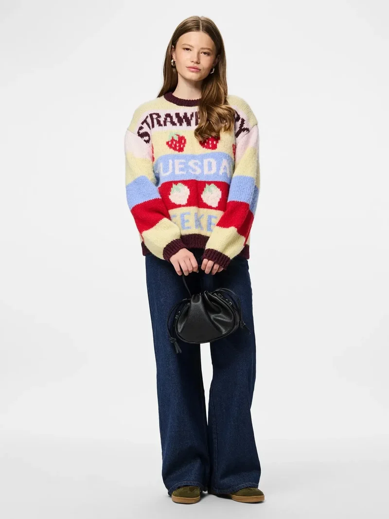 Pieces - Pcbikka Ls O-Neck Knit - 4949295 French Vanilla Multicolor Statements