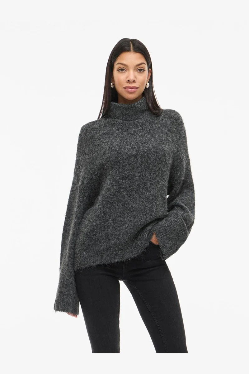 Vila - Vimarley L/S Roll Neck Knit Pullover - 4971920 Dark Grey Melange