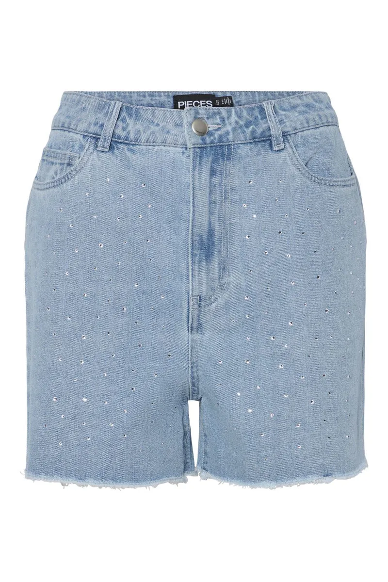 Pieces - Pctamra Rhinestone Denim Shorts - 4735172 Light Blue Denim Rhinestone