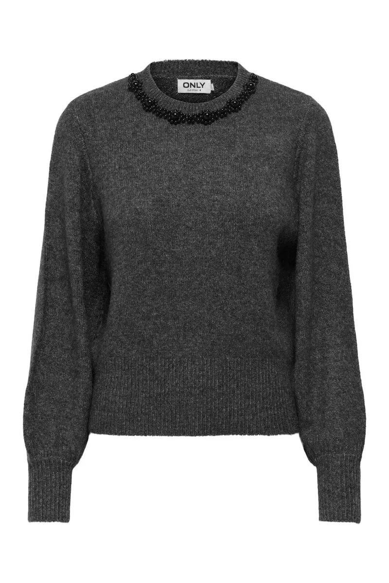 Only - Onlelsa L/S Pullover Knt - 4799904 Medium Grey Melange W. Black Pearls