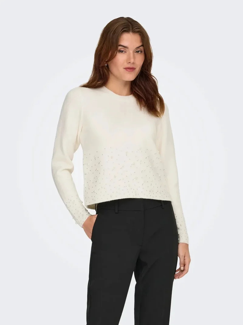 JDY - Jdypearl L/S O-Neck Pearl Pullover Knt - 4867973 White Melange W. White Pearls