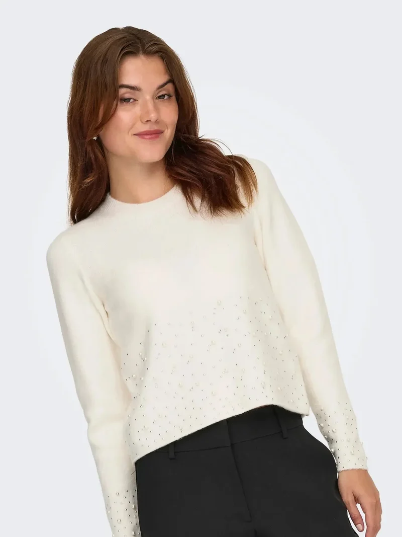 JDY - Jdypearl L/S O-Neck Pearl Pullover Knt - 4867973 White Melange W. White Pearls
