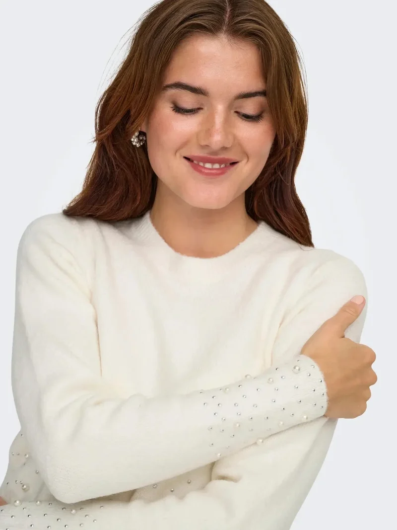 JDY - Jdypearl L/S O-Neck Pearl Pullover Knt - 4867973 White Melange W. White Pearls