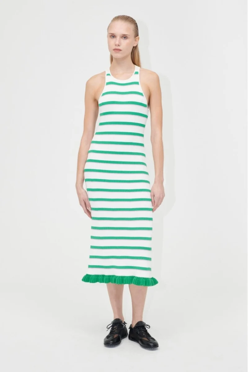 Stine Goya - 2383 Lightweight Knit, Ruffle Tank Dresssg-pf25-d147-2383 - Green And Pink Stripes
