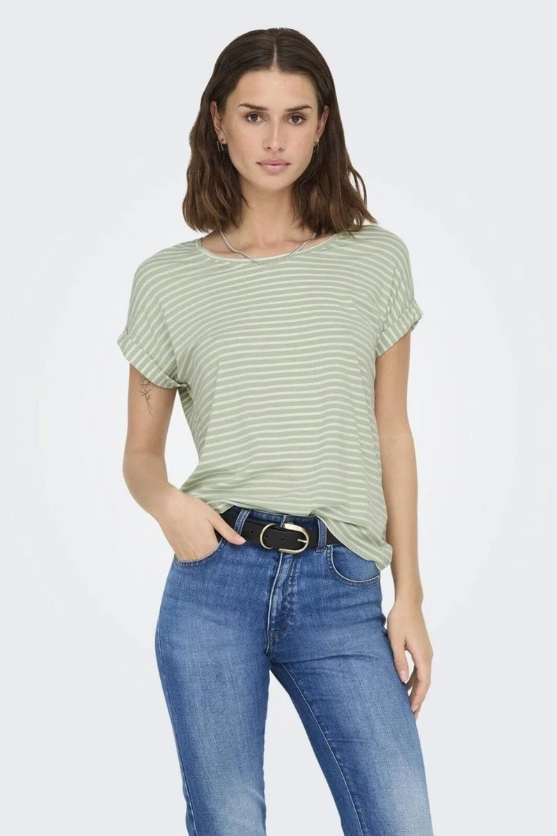 Only - Onlmoster Stripe S/S O-Neck Top - 4693929 Laurel Green Cloud Dancer
